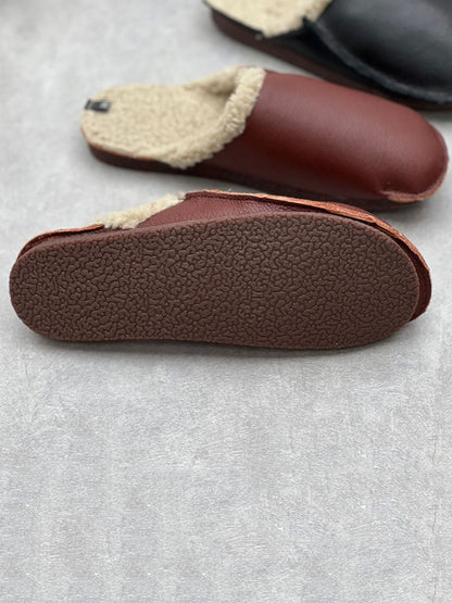 Women Vintage Winter Leather Fleece-lined Flat Slippers AV1041