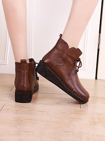 Bottes à talons bas en cuir véritable vintage pour femmes avec fermeture éclair et lanières AX1016