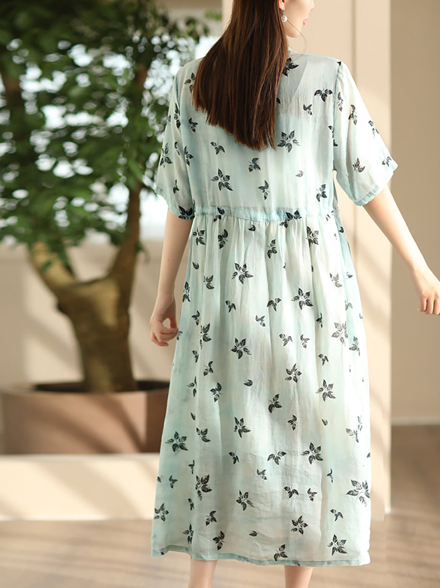 Women Summer Flower Shirred Artsy Strap Waist Dress RR023