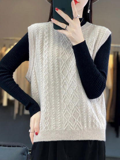 Women Casual Wool O-Neck Twist Knit Vest QU007