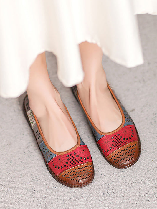 Women Summer Vintage Leather Spliced Cutout Shoes BN1018