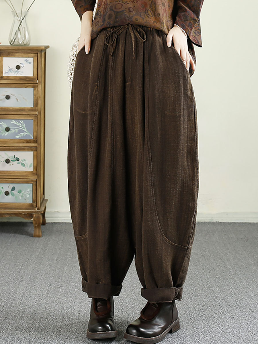 Women Autumn Vintage Solid Pocket Linen Harem Pants AV1031