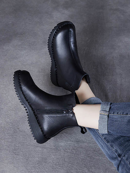 Bottes mi-talons rétro en cuir véritable avec fermeture éclair pour femmes AH1078