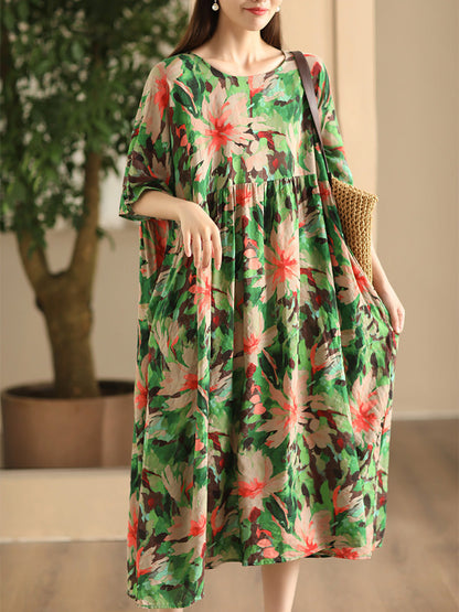 Robe ample en lin à fleurs vintage pour femme FD043