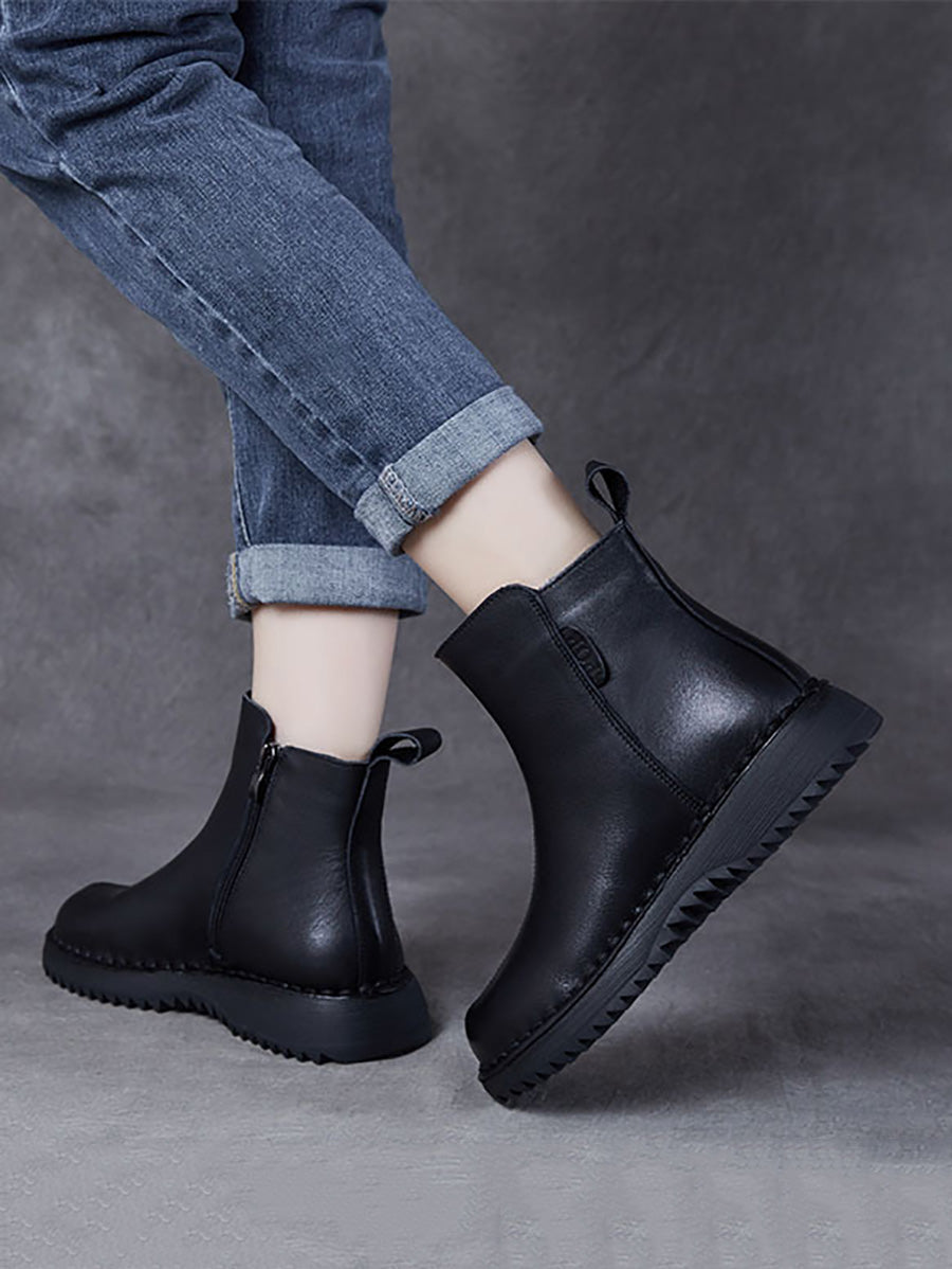 Bottes mi-talons rétro en cuir véritable avec fermeture éclair pour femmes AH1078