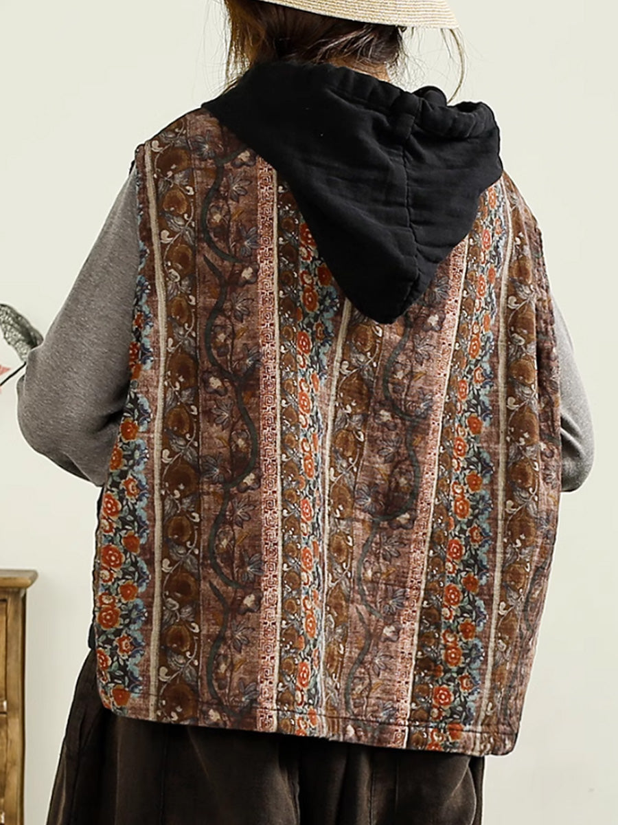 Gilet à capuche en coton épissé à fleurs vintage pour femme, automne AI1037