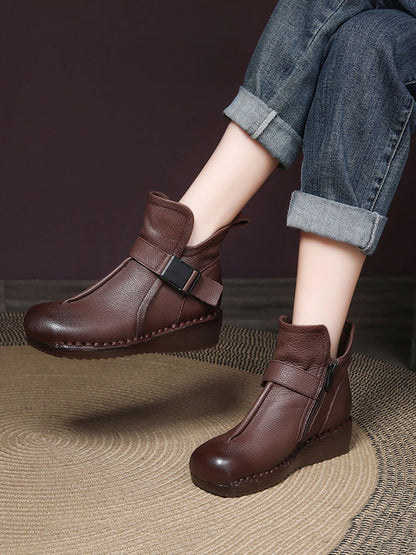 Women Retro Leather Spliced Mid Heel Ankle Boots WG024