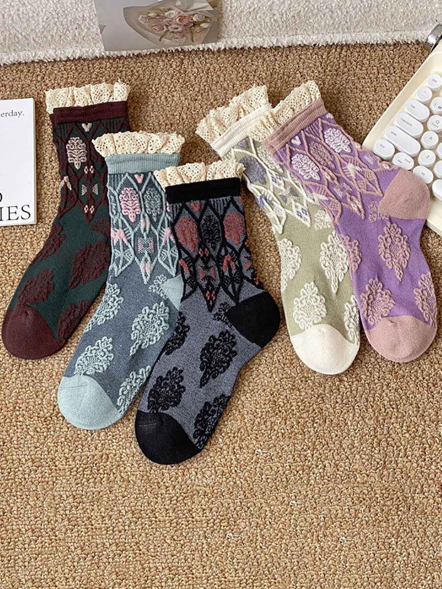 Lot de 5 paires de chaussettes en coton Jacquard à fleurs artistiques pour femmes QM009