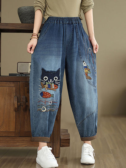 Women Autumn Casual Cat Patch Spliced Denim Harem Pants AV1004