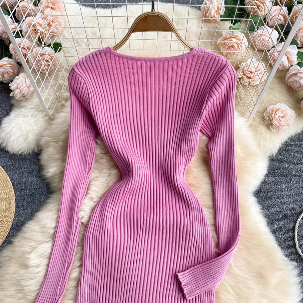 Sexy Rosa V-Ausschnitt Kreuz Schlanke Taille Langarm Strickpullover Kleid AR1018 