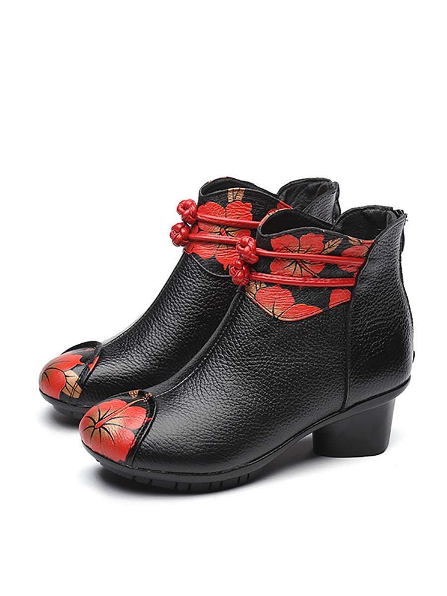 Women Retro Genuine Leather Flower Spliced Chunky Heel Boots AI1010