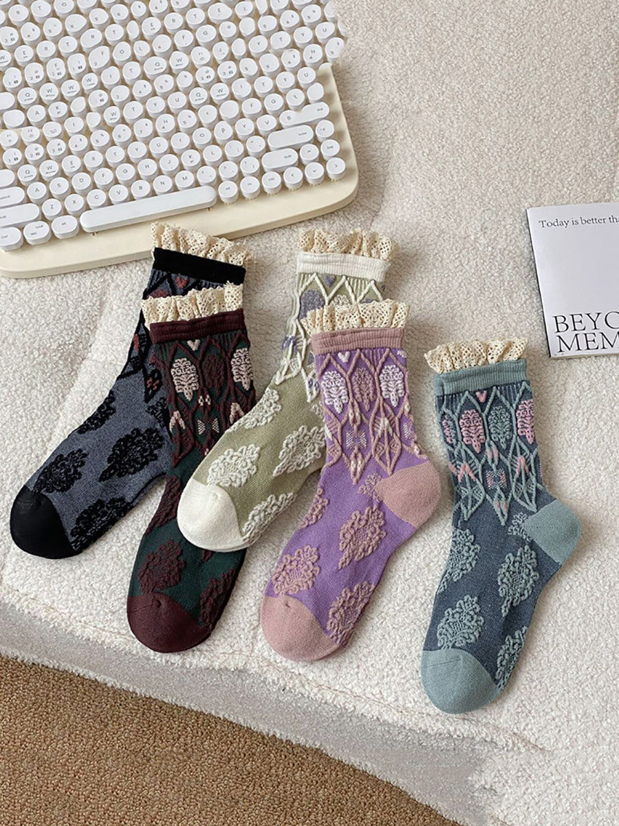 5 Pairs Women Autumn Artsy Flower JAcquard Cotton Socks QM009