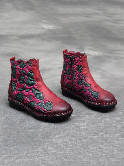 Bottes à talons bas en cuir à fleurs rétro pour femmes AT1067