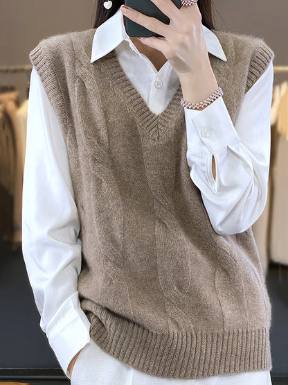 Women Casual Autumn Wool V-Neck Cable Knit Vest QN024