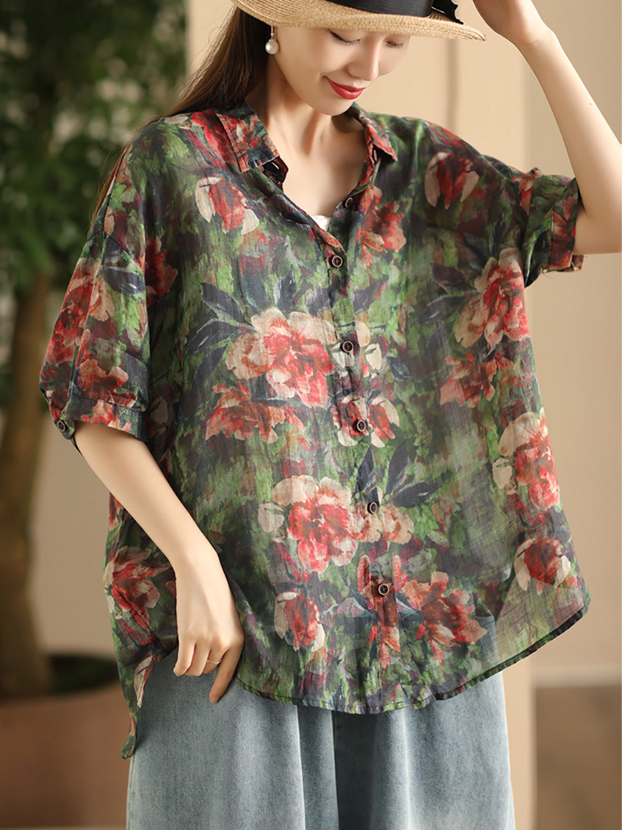 Damen Sommer Vintage Blumen Patch Gespleißtes Ramie Shirt FD039