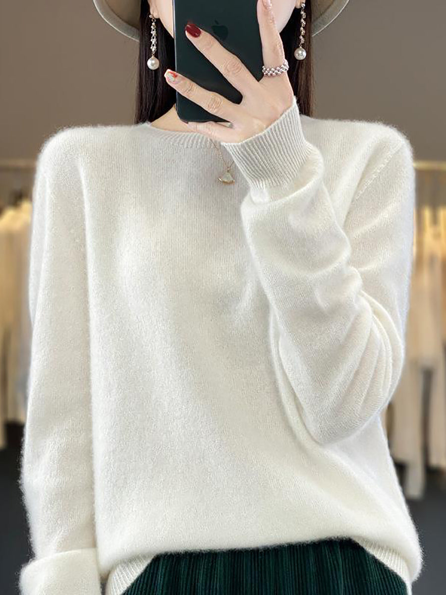 Women Autumn Solid Knit 100%Wool O-Neck Sweater WU023