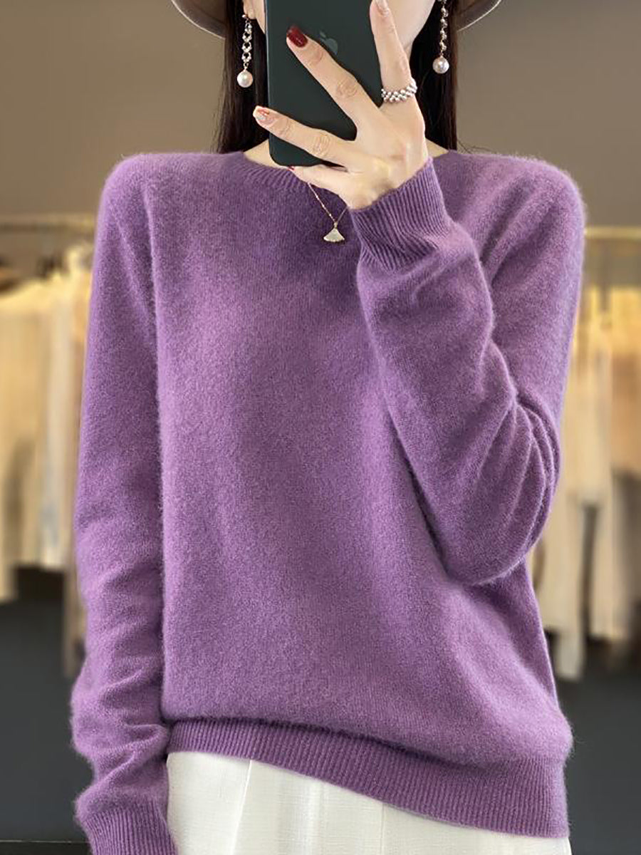 Women Autumn Solid Knit 100%Wool O-Neck Sweater WU023