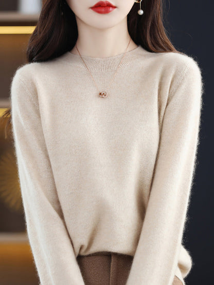 Women Autumn Solid Wool Knitted O-Neck Bottom Sweater CX058