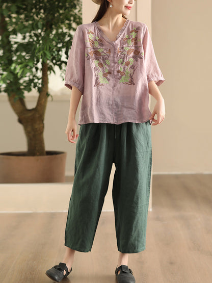 Women Summer Vintage Flower Embroidery Lace Ramie Shirt FD044