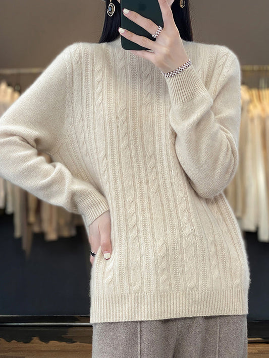 Damen Herbst Pullover mit Zopfmuster, 100% Wolle, halblang, Rollkragen, QN027