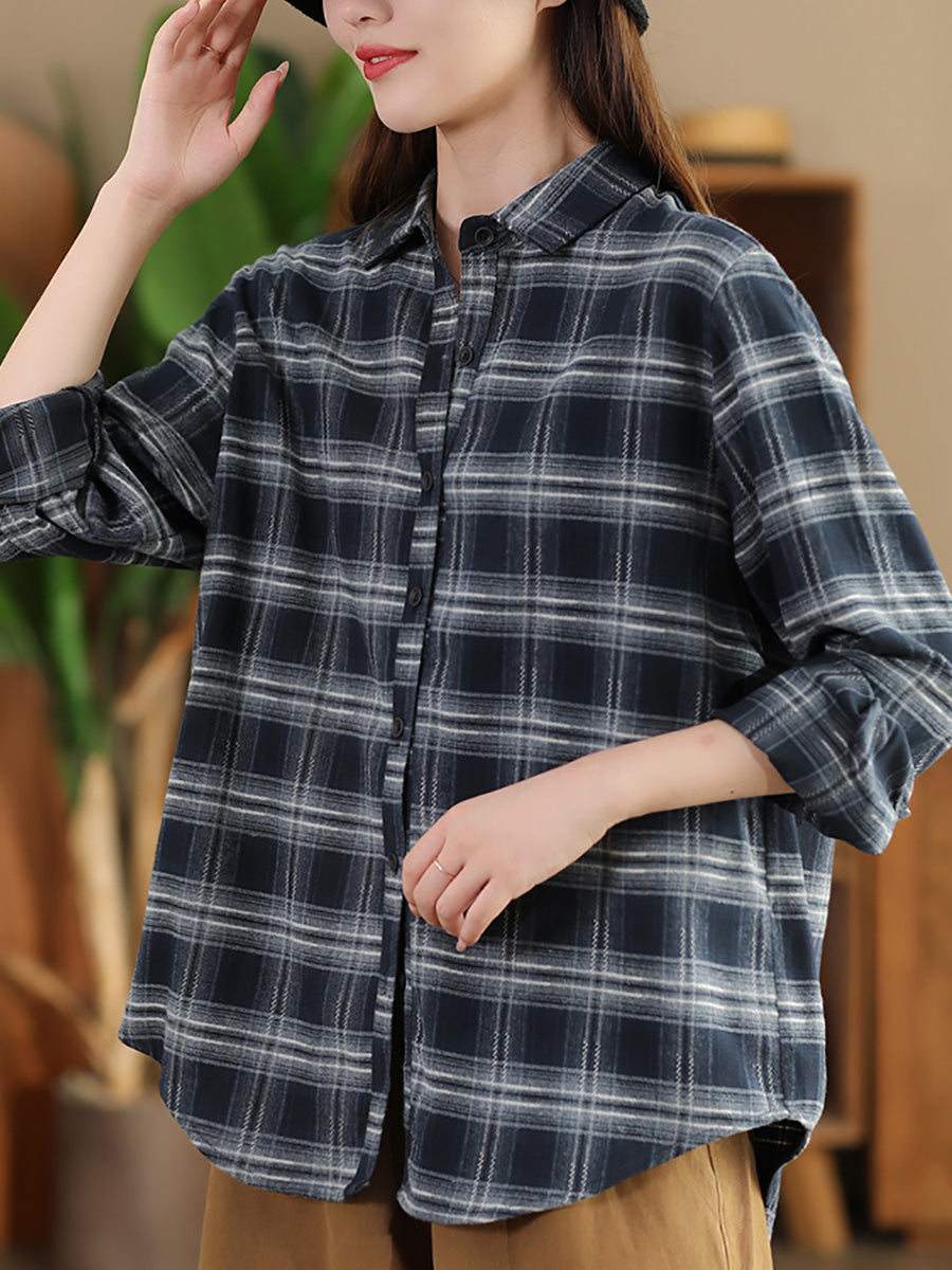 Women Autumn Vintage Plaid Button-up Cotton Blouse AI1031