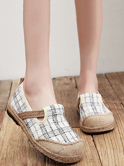 Women Artsy Summer Plaid Linen Spliced Flat Shoes RR007