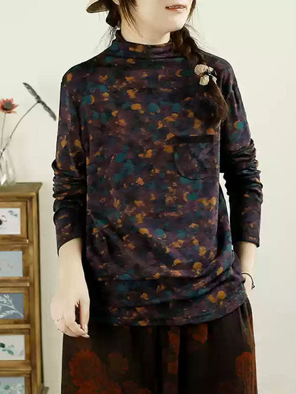 Women Autumn Artsy Floral Turtleneck Pocket Cotton Blouse AX1043