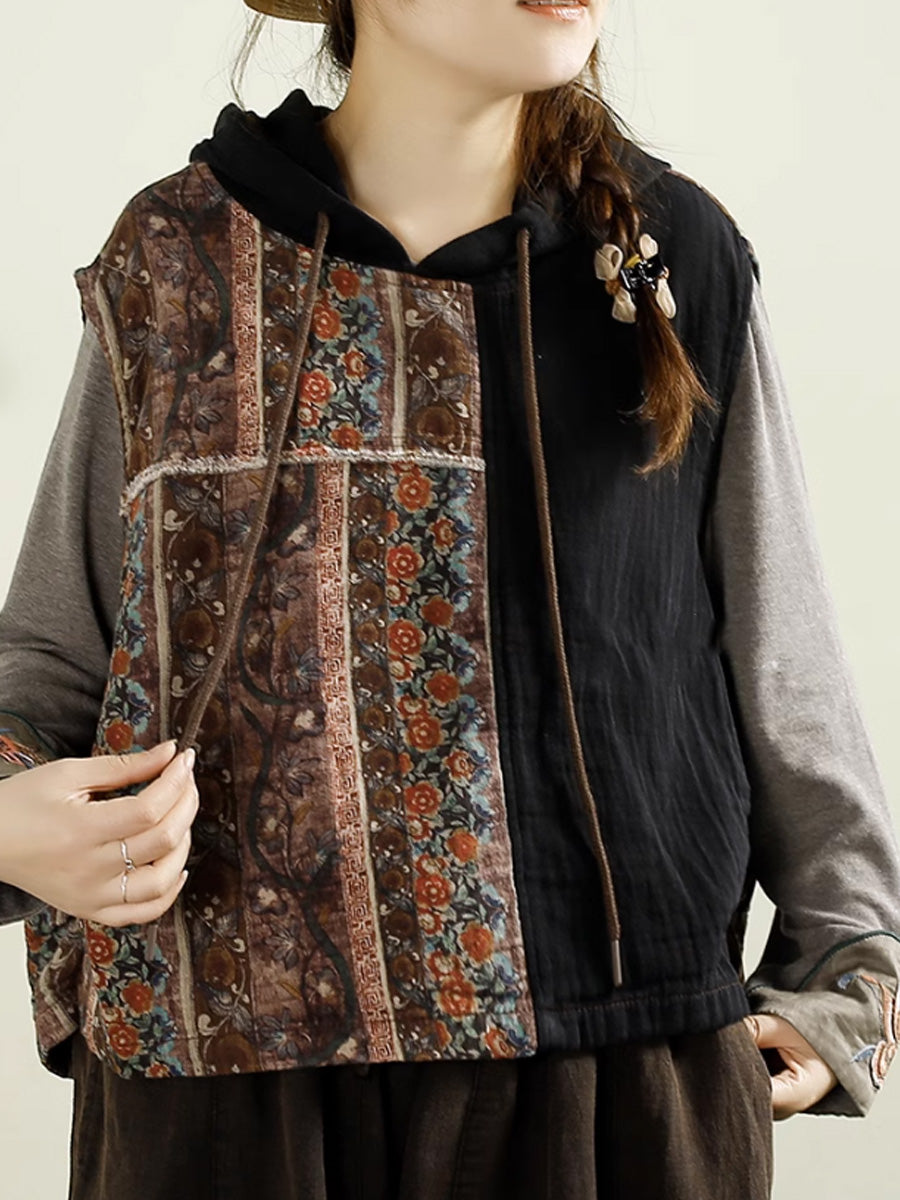 Women Autumn Vintage Flower Spliced Hooded Cotton Vest AI1037