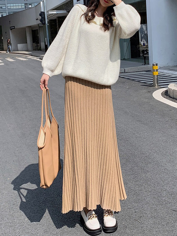 Brief Khaki High Waisted Pleated Striped A-Line Knit Skirt TW006