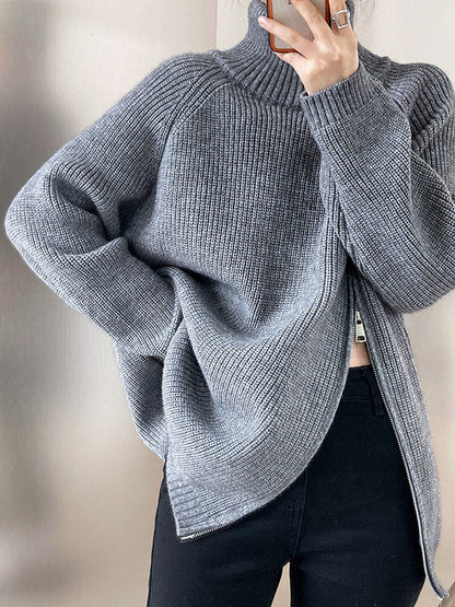 Urban Grey Neckholder-Pullover mit Schlitz an der Seite, lange Ärmel, Reißverschluss AN1033 