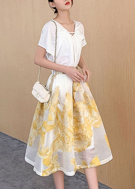 Women Yellow Wrinkled Patchwork Embroidered Tulle Skirt Summer AZ1038