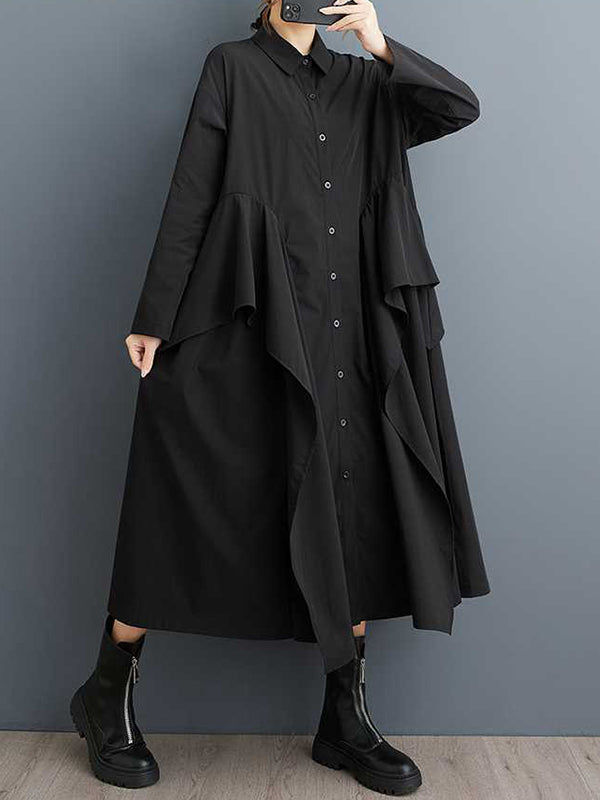 Unique Black Lapel Buttoned Patchwork Ruffle Trim Long Sleeve Dress TW018