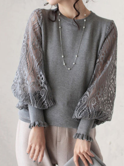 Tempermant Black Round-Neck Patchwork Hollow Lace Long Puff Sleeves Sweater QX011