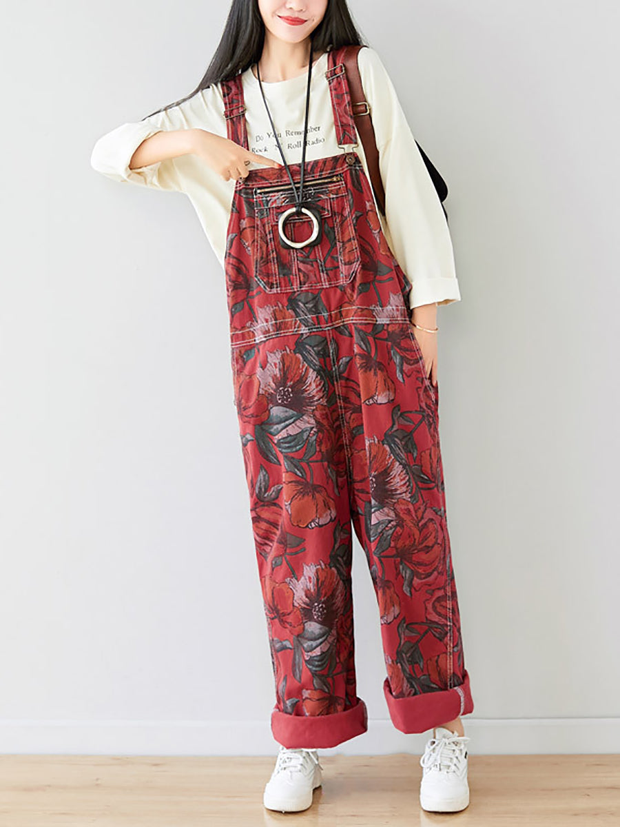 Women Autumn Artsy Flower Pocket Loose Denim Jumpsuits AI1071