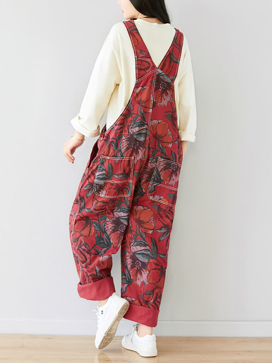 Women Autumn Artsy Flower Pocket Loose Denim Jumpsuits AI1071