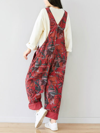 Women Autumn Artsy Flower Pocket Loose Denim Jumpsuits AI1071