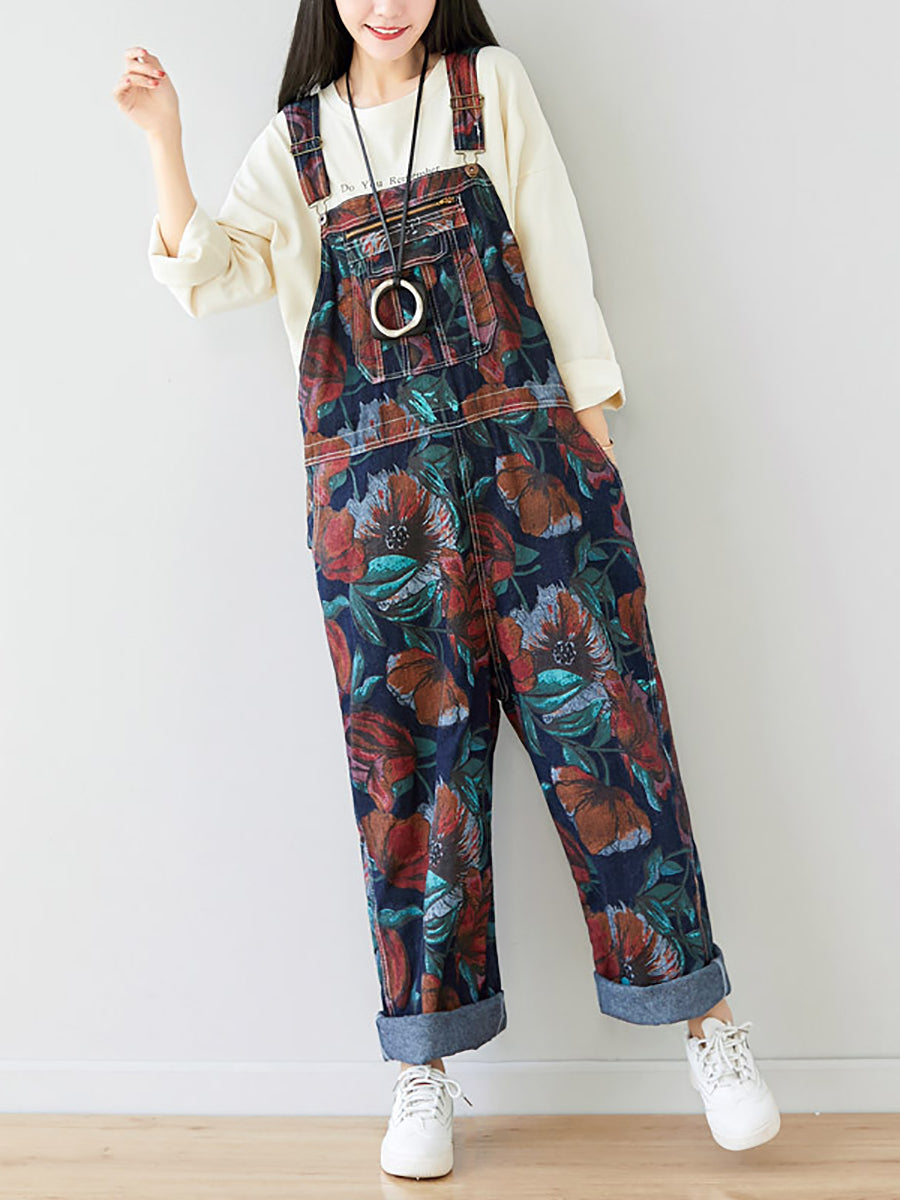 Damen Herbst Artsy Blumentasche Lose Denim Jumpsuits AI1071