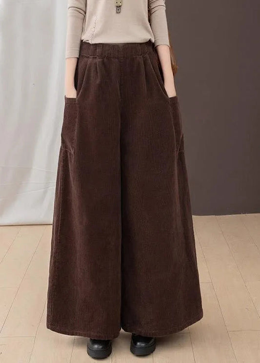 2024 New Brown Pockets Corduroy Warm Fleece Wide Leg Pants Winter RU007