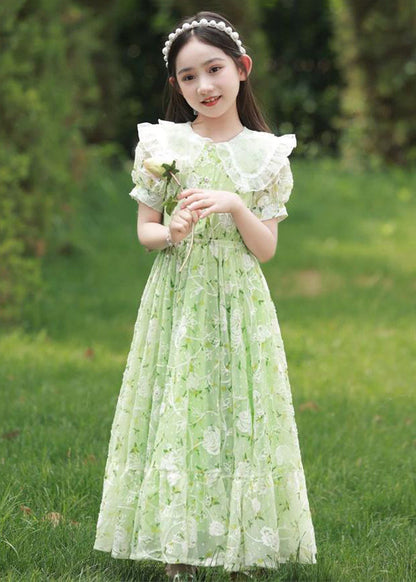 2024 New Green Peter Pan Collar Print Tie Waist Chiffon Girls Maxi Dress Short Sleeve XZ006