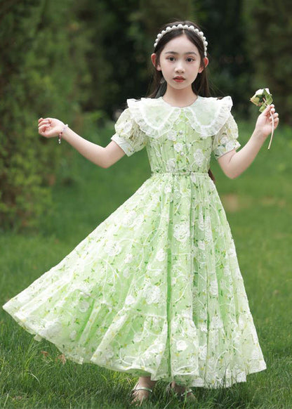 2024 New Green Peter Pan Collar Print Tie Waist Chiffon Girls Maxi Dress Short Sleeve XZ006