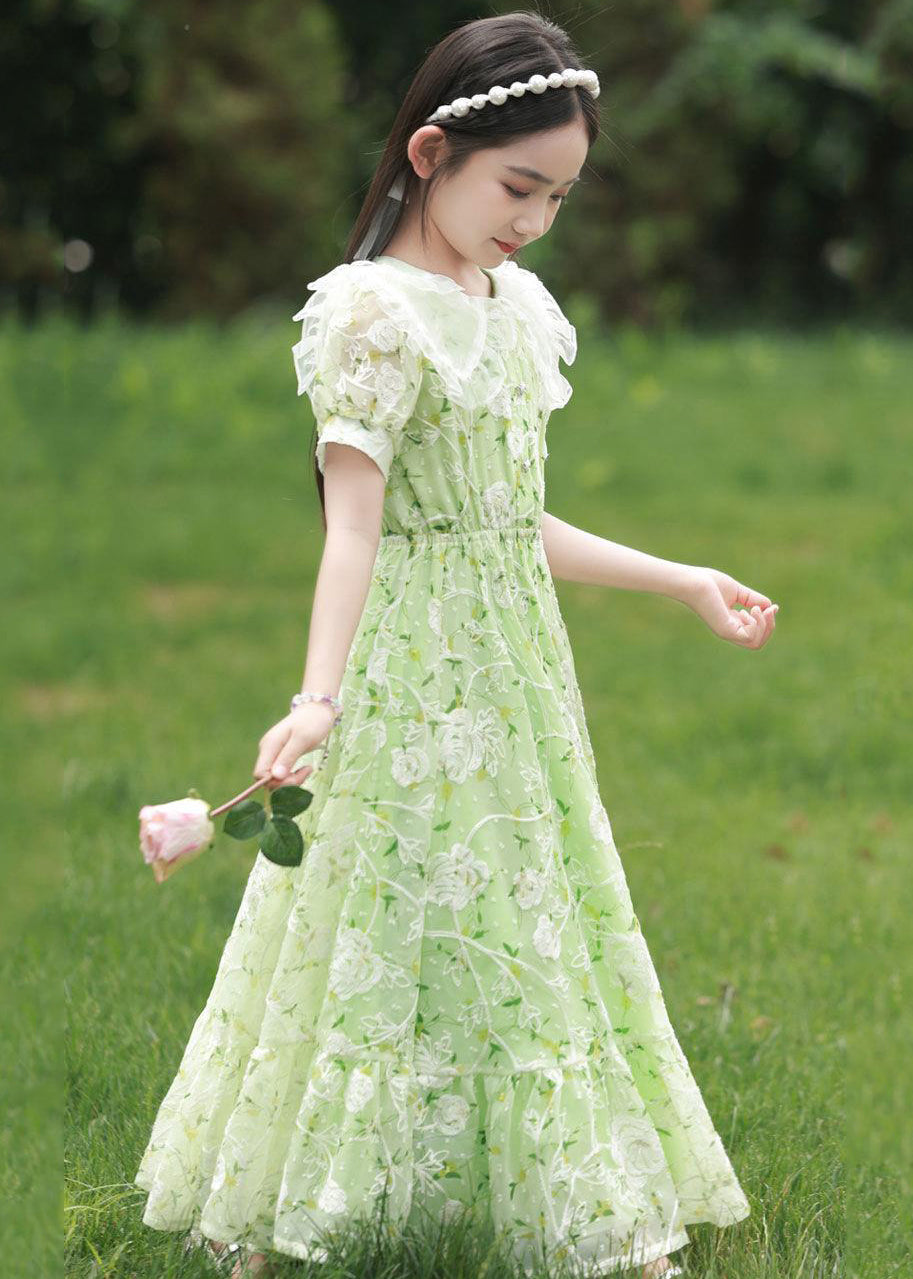 2024 New Green Peter Pan Collar Print Tie Waist Chiffon Girls Maxi Dress Short Sleeve XZ006