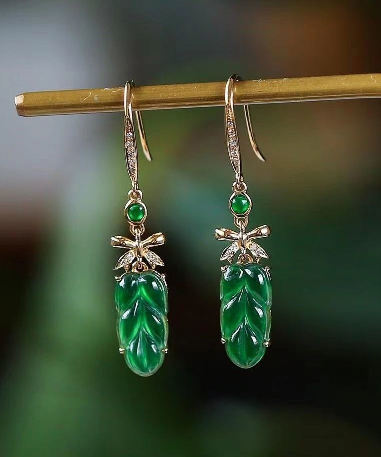 2024 New Green Sterling Silver Overgild Jade Lea Drop Earrings QU044