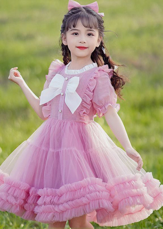 2024 New Pink O-Neck Bow Ruffled Patchwork Tulle Kids Maxi Dress Summer EW022