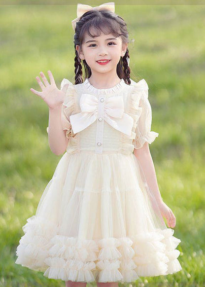 2024 New Pink O-Neck Bow Ruffled Patchwork Tulle Kids Maxi Dress Summer EW022