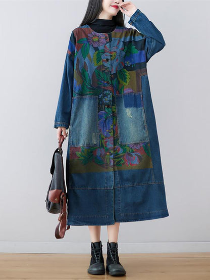 Women Spring Flower Print Loose Long Denim Dress AS1038