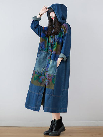 Women Spring Flower Print Loose Long Denim Dress AS1038