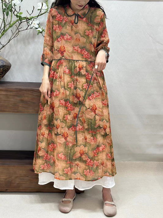 Women Summer Vintage Flower Turn-down Collar Ramie Dress BN1027