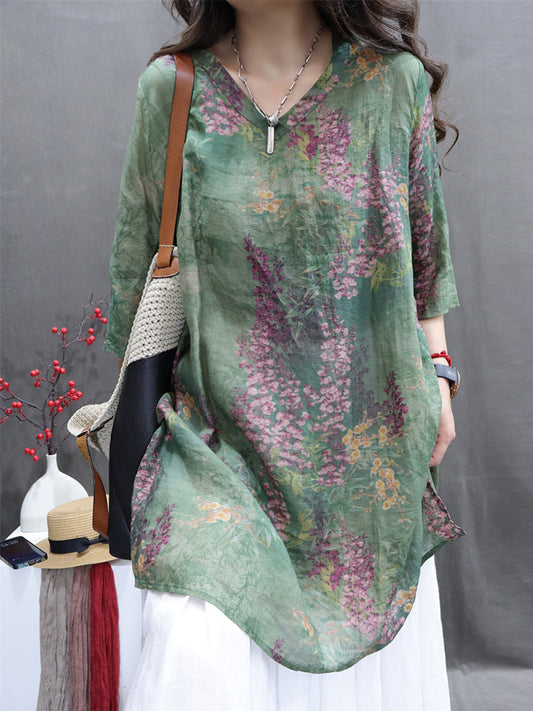 Women Summer Vintage Flower V-Neck Ramie Long Shirt BN1036