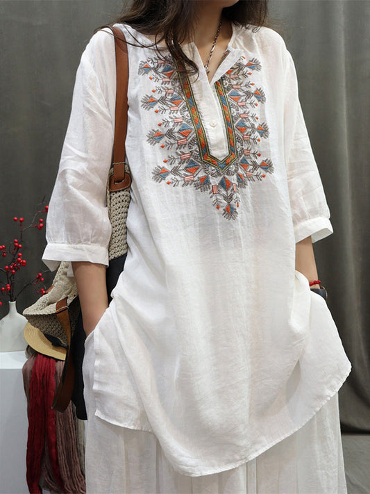 Women Summer Retro Embroidery O-Neck Ramie Shirt BN1037