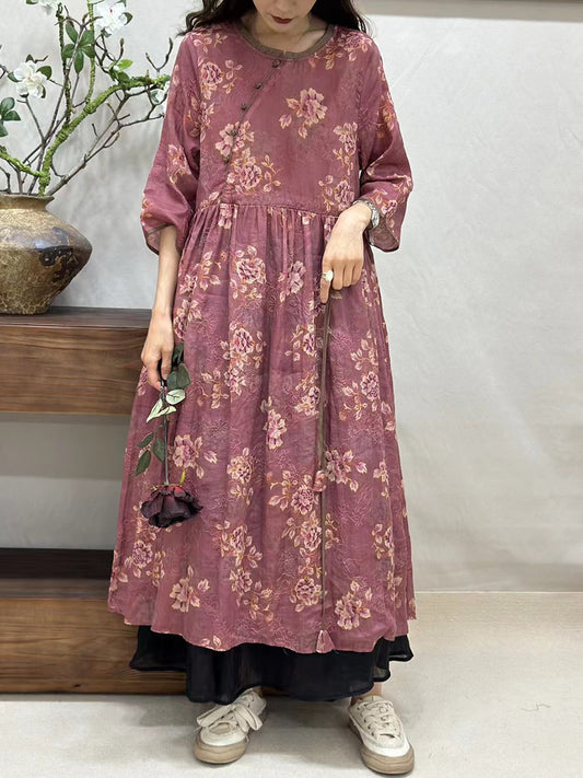 Women Summer Vintage Floral Spliced Ramie Loose Dress CV1002